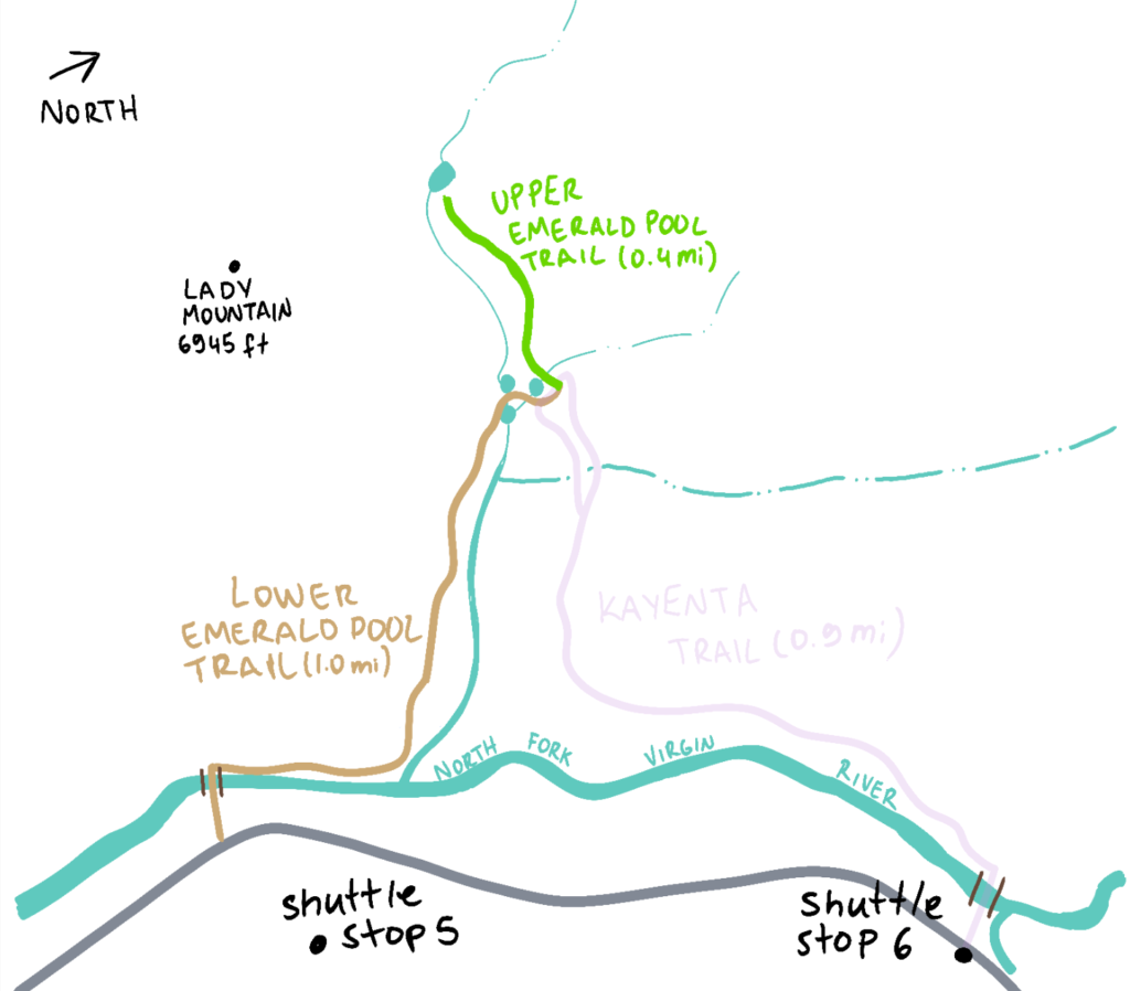 Map of Zion Emerald Pool Trails: Kayenta Trail and Lower Emerald Pool Trail.