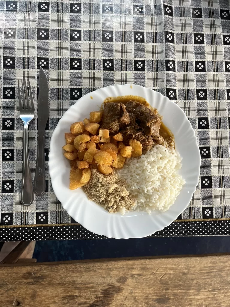 Plate filled with fried youca, yuca powder, beef, and rice