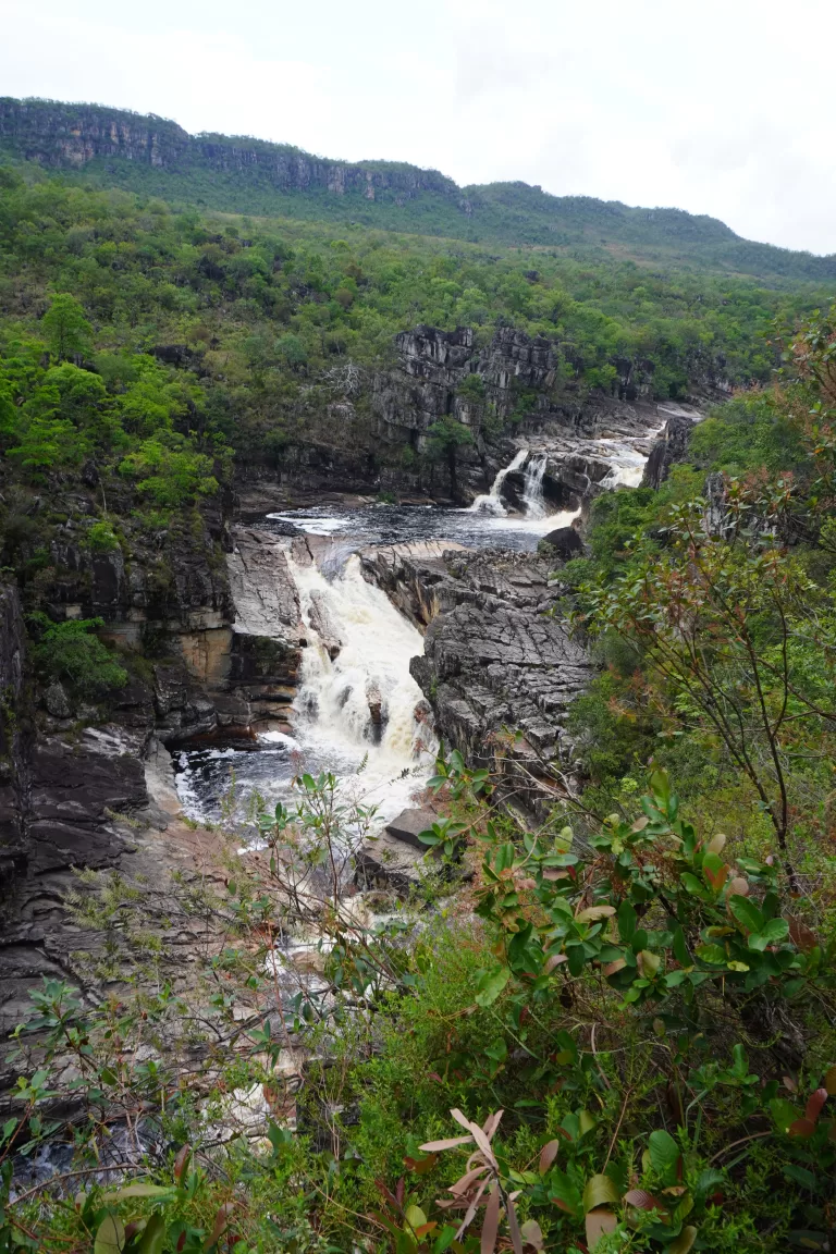 A series of waterfalls forming an S shape as the water flows down