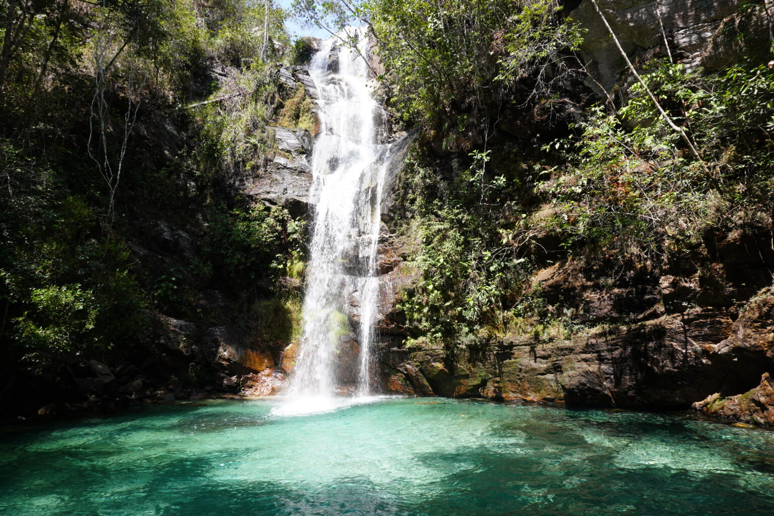 Cachoeira Barbara completely empty with its neon-blue waters 