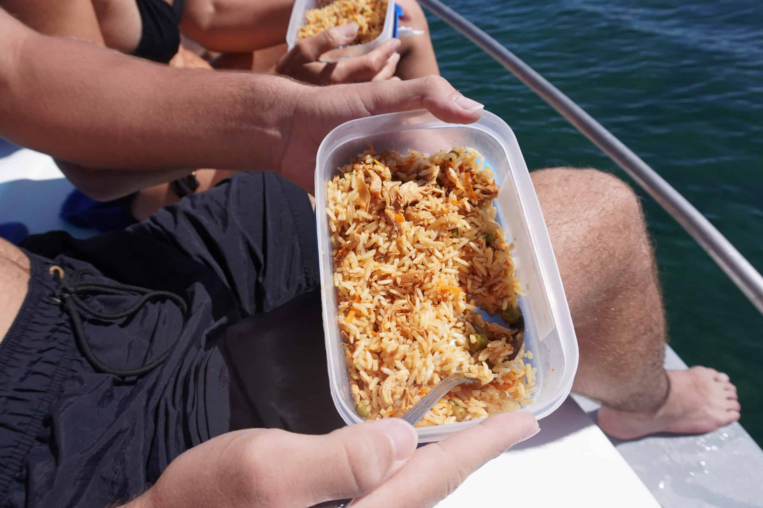 Plastic tapperware with chicken fried rice.