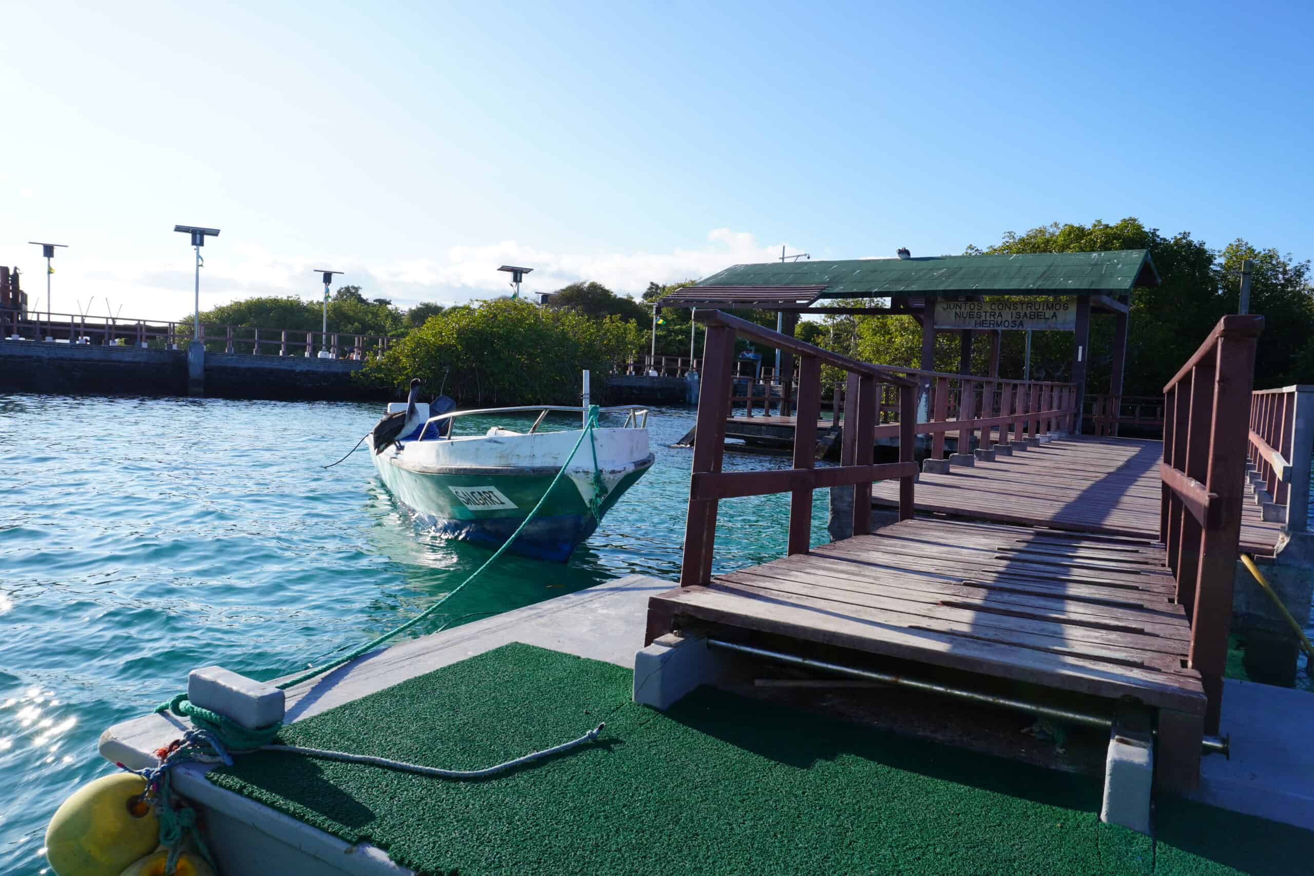 View of the main deck at Puerto Villamil in Isabela. The deck is made out of wood and a small motor boat is tied to it.