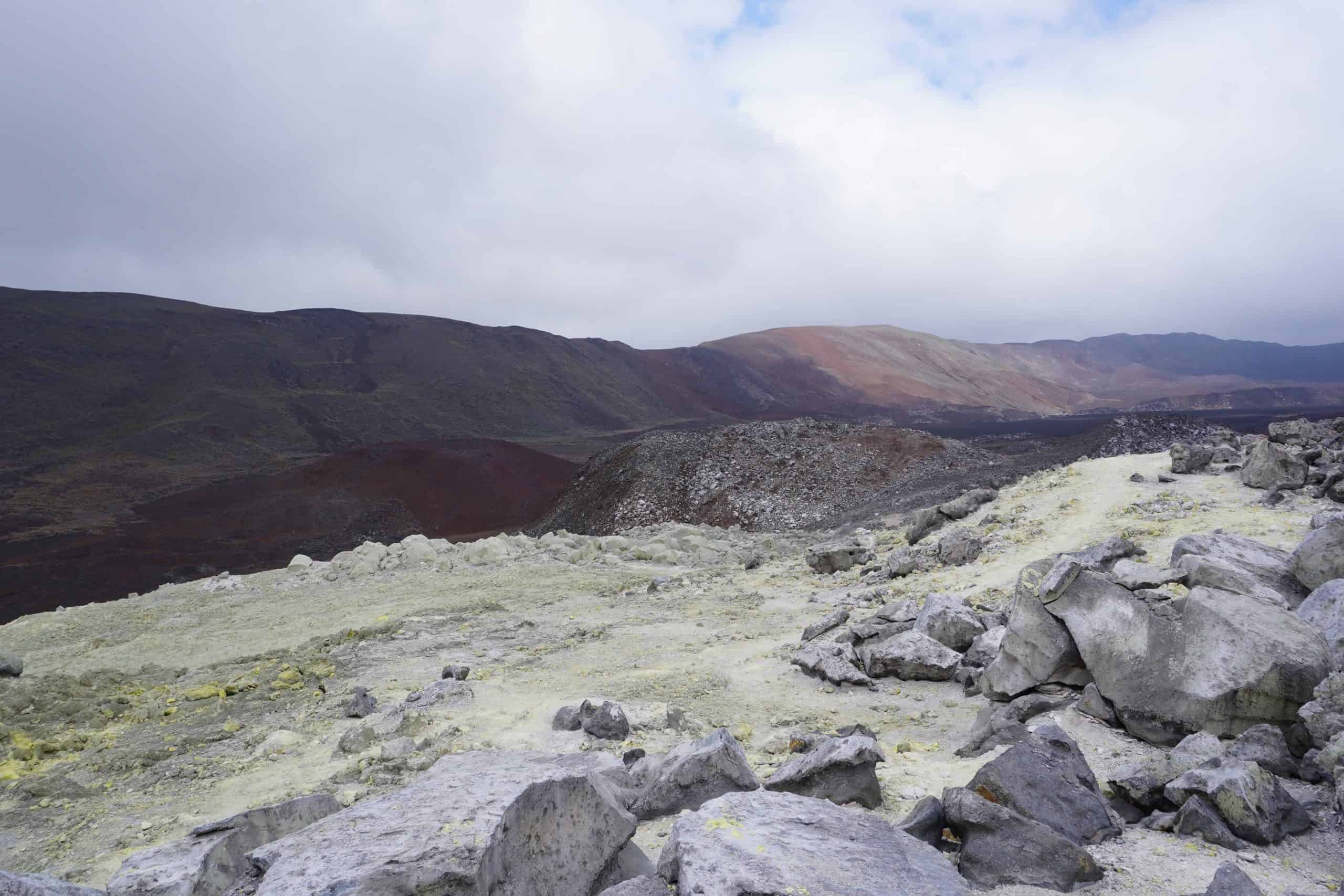 View of the yellow sulfur mines in the Sierra Negra volcano in Isabela, Galapagos.Further in the landscape one can see colorful mountains.