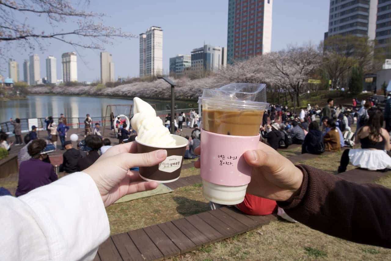 Two hands holding takeout ice cream and coffe in a open seating area along Seokchon Lake during cherry blossom season in Seoul