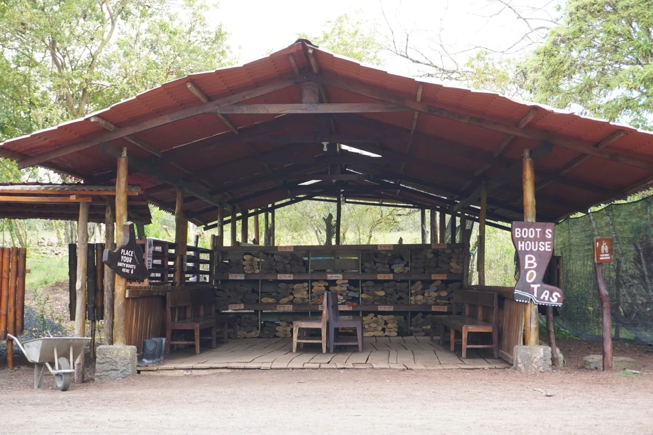 Boot house in El Rancho where visitors can grab rainboots for tours in muddy days