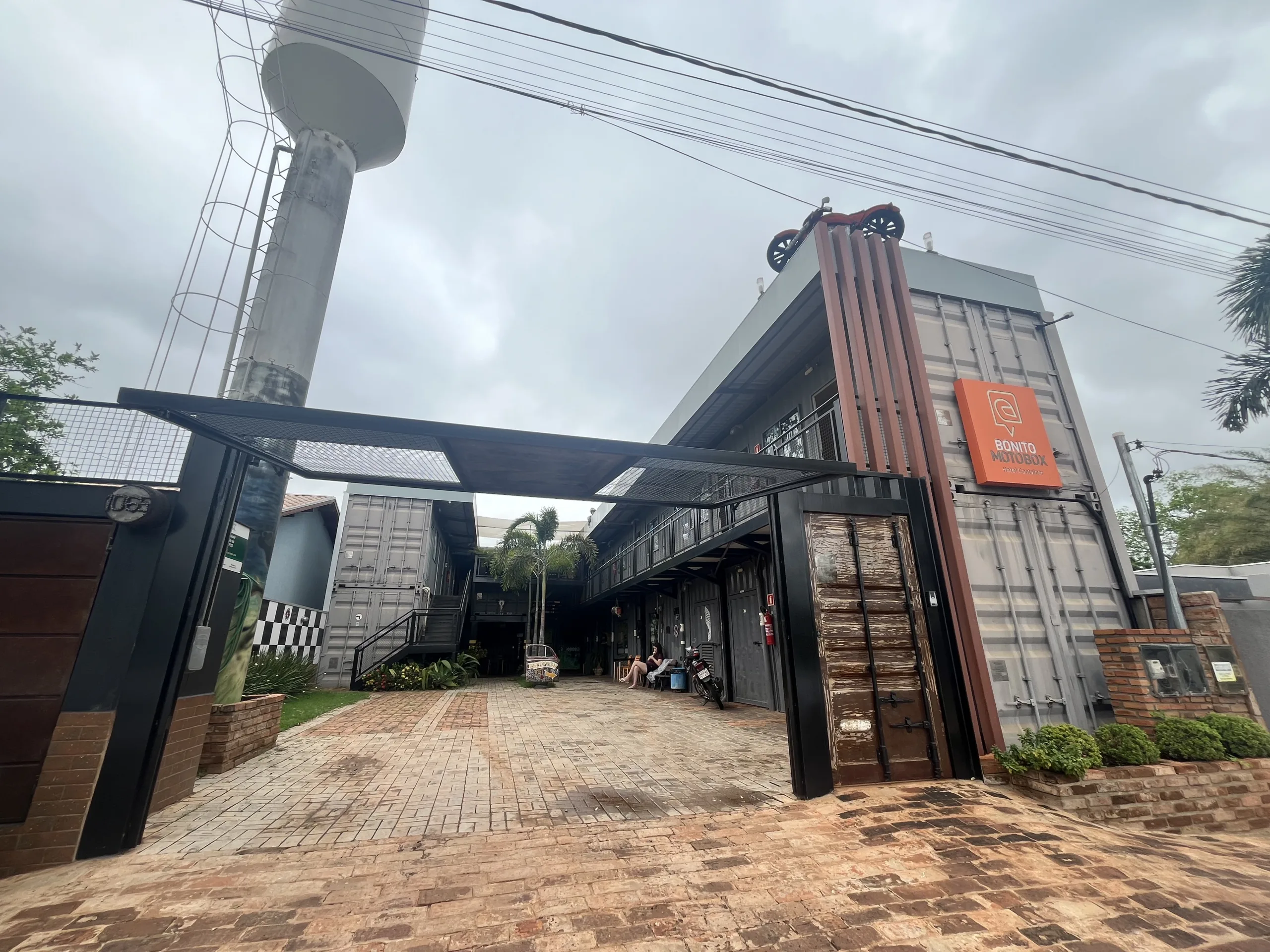 Front view of Bonito Motobox hotel, which is built of two floors of shipping containers.